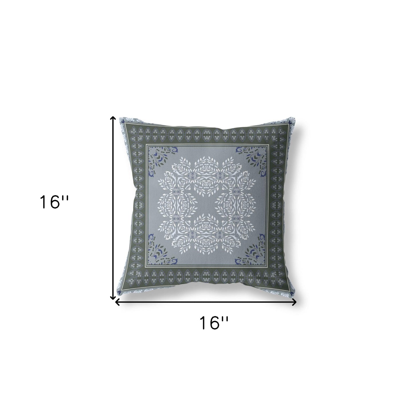 16" X 16" Grey And Green Blown Seam Damask Indoor Outdoor Throw Pillow