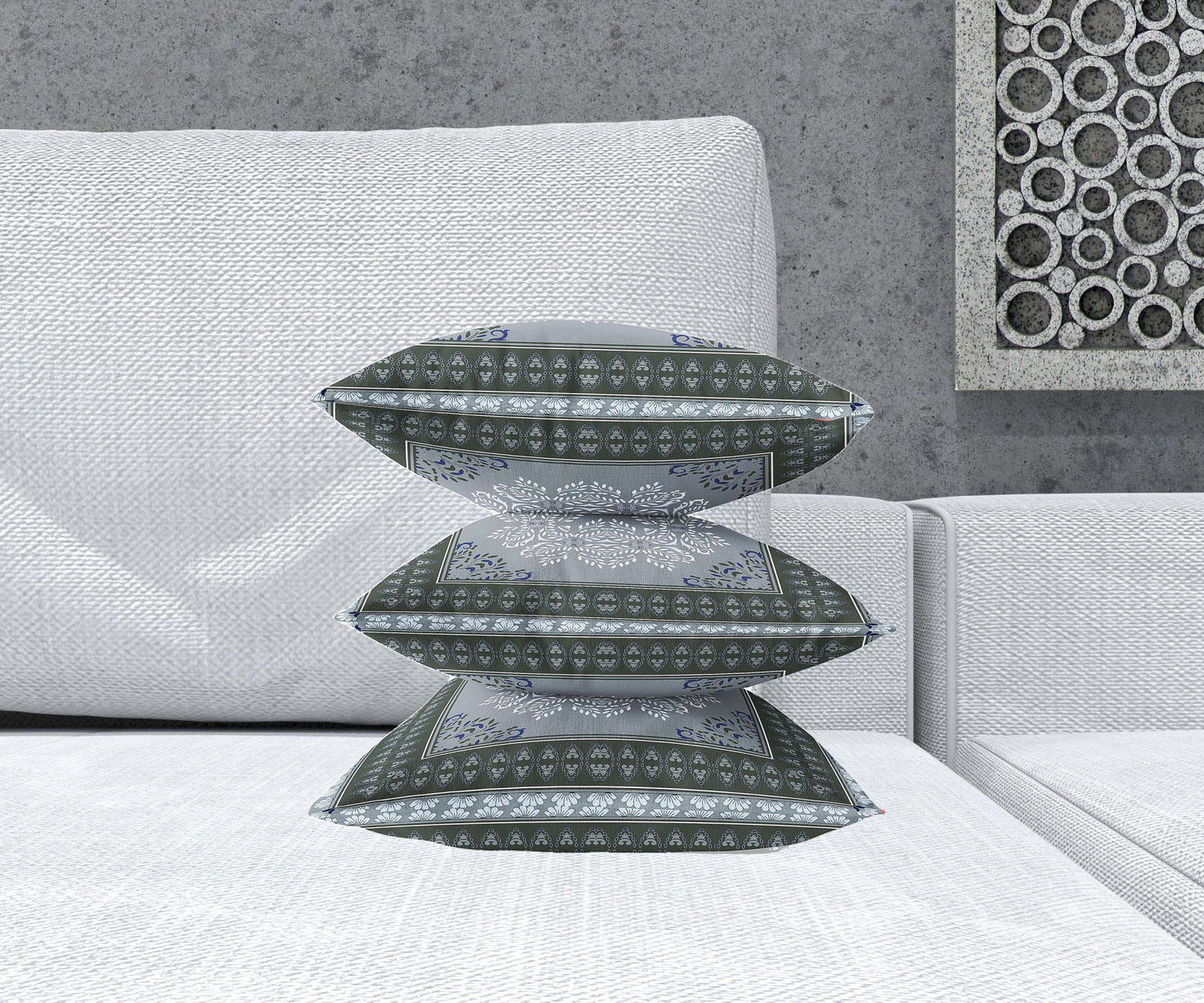 16" X 16" Grey And Green Blown Seam Damask Indoor Outdoor Throw Pillow