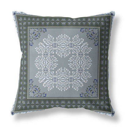 18" X 18" Grey And Green Blown Seam Damask Indoor Outdoor Throw Pillow