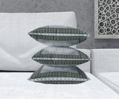 18" X 18" Grey And Green Blown Seam Damask Indoor Outdoor Throw Pillow