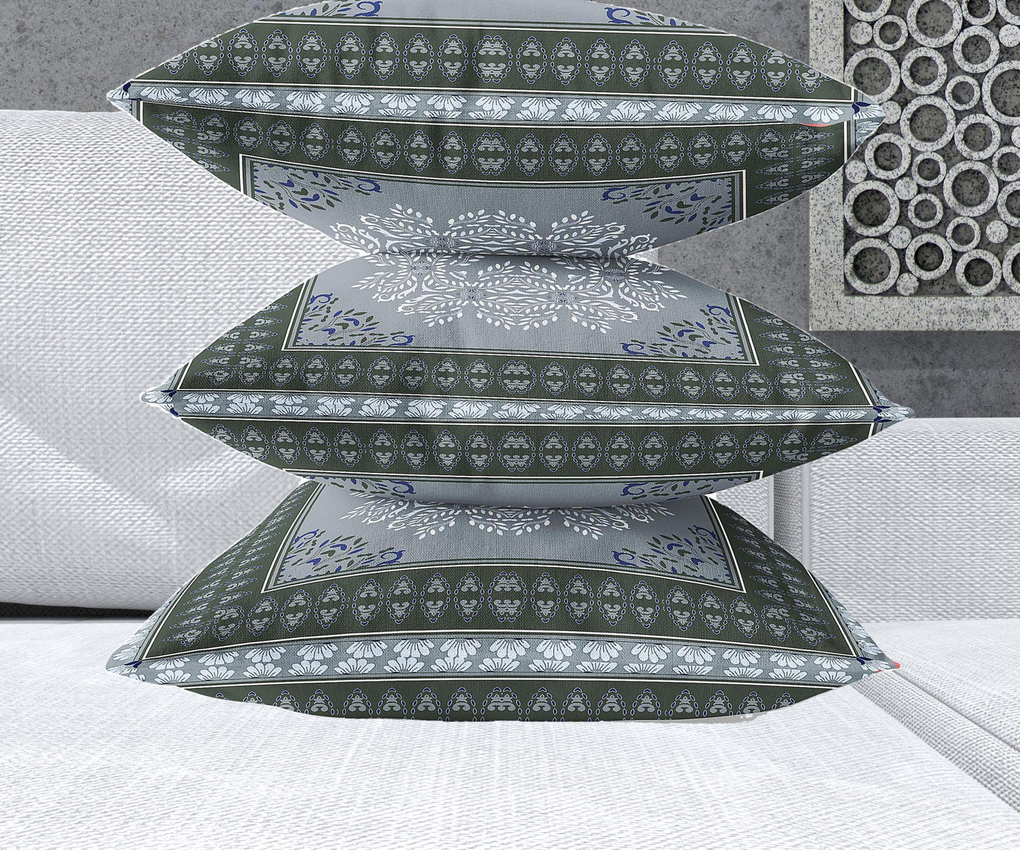 18" X 18" Grey And Green Blown Seam Damask Indoor Outdoor Throw Pillow