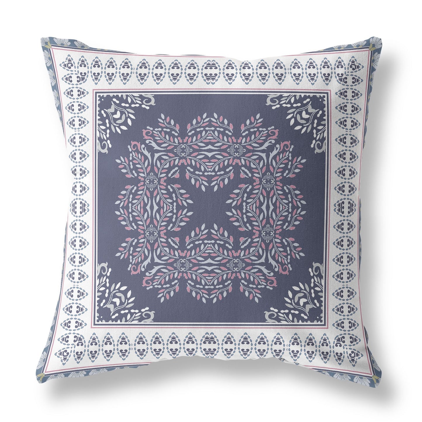 16" X 16" Dark Blue And White Blown Seam Damask Indoor Outdoor Throw Pillow