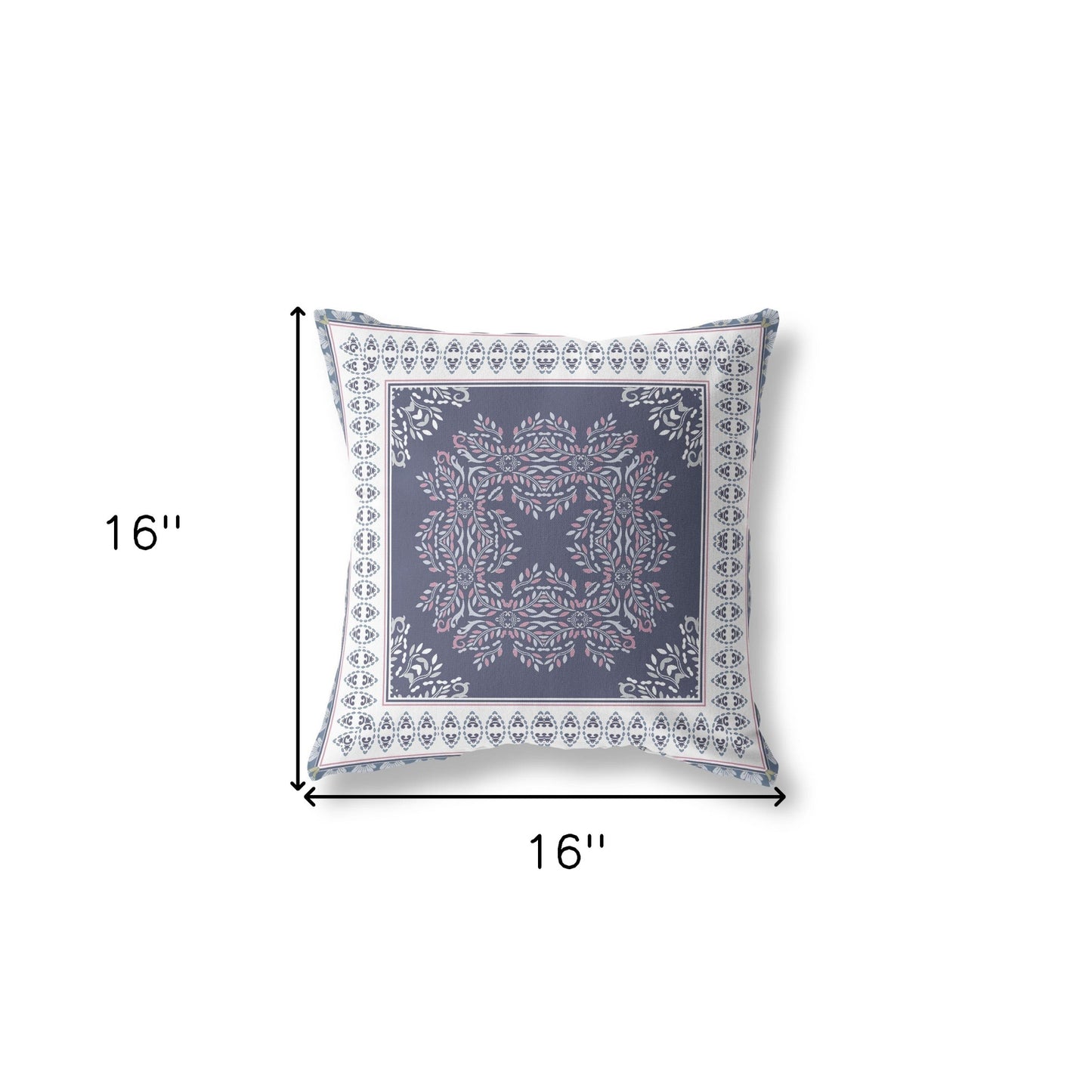 16" X 16" Dark Blue And White Blown Seam Damask Indoor Outdoor Throw Pillow