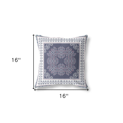 16" X 16" Dark Blue And White Blown Seam Damask Indoor Outdoor Throw Pillow