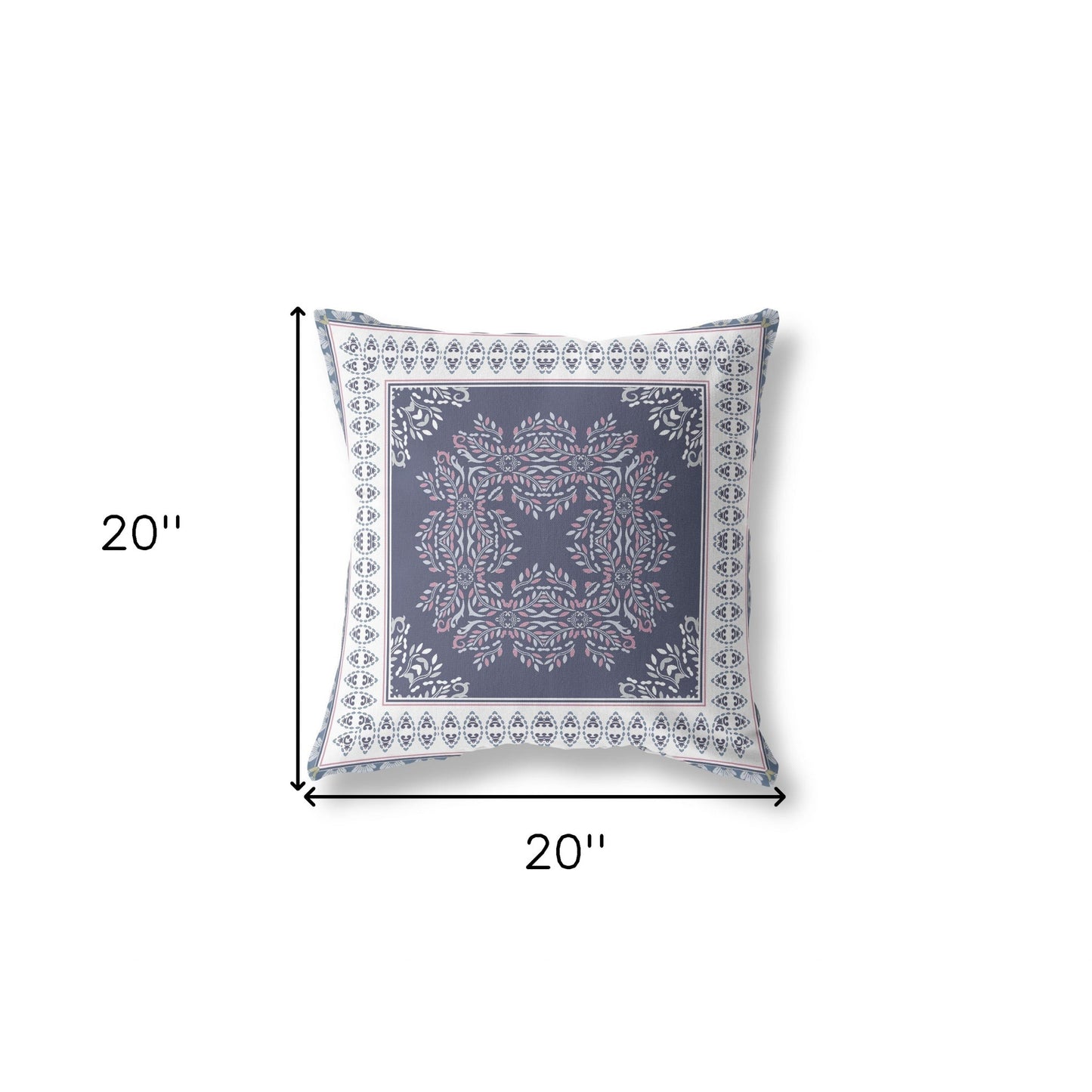 18" X 18" Dark Blue And White Blown Seam Damask Indoor Outdoor Throw Pillow