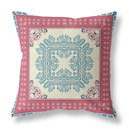 16" X 16" Cream And Blue Blown Seam Damask Indoor Outdoor Throw Pillow