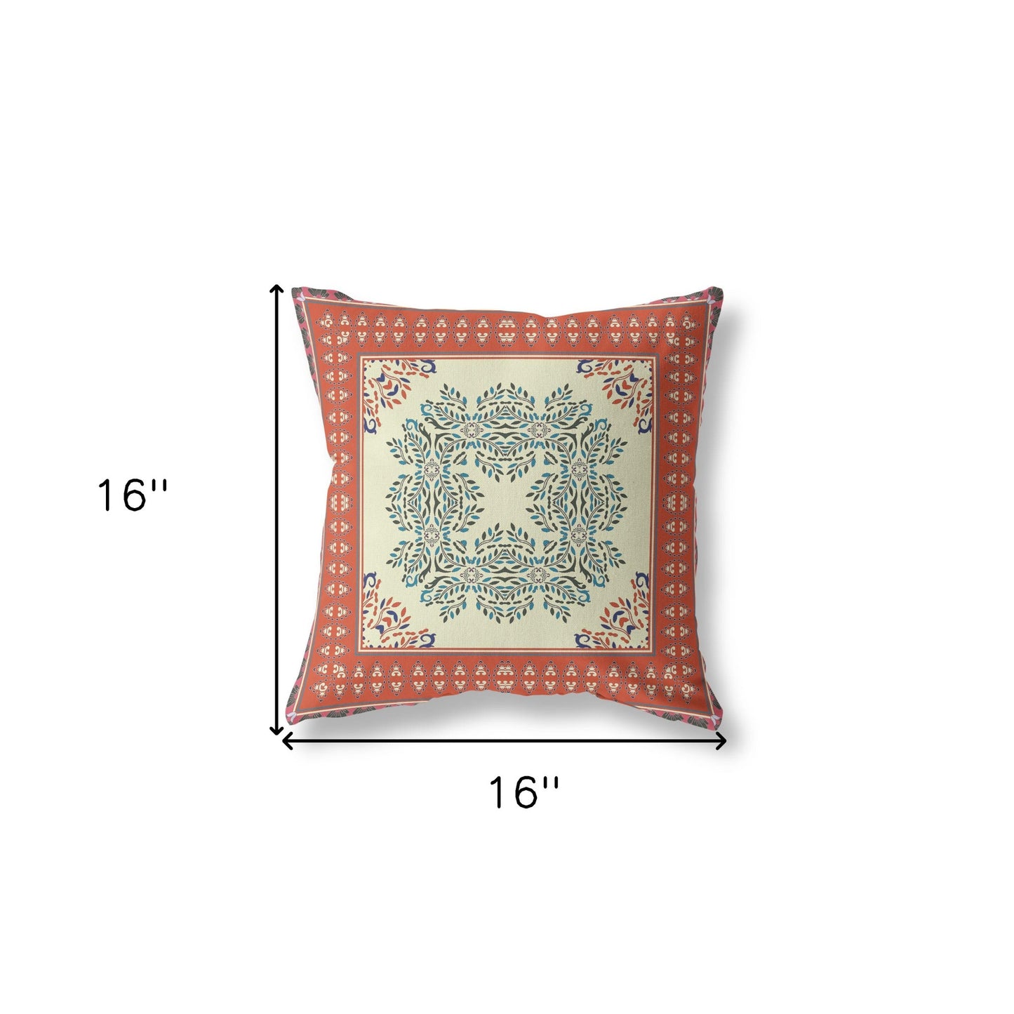 16" X 16" Cream And Orange Blown Seam Floral Indoor Outdoor Throw Pillow