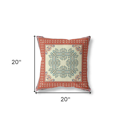 18" X 18" Cream And Orange Blown Seam Floral Indoor Outdoor Throw Pillow