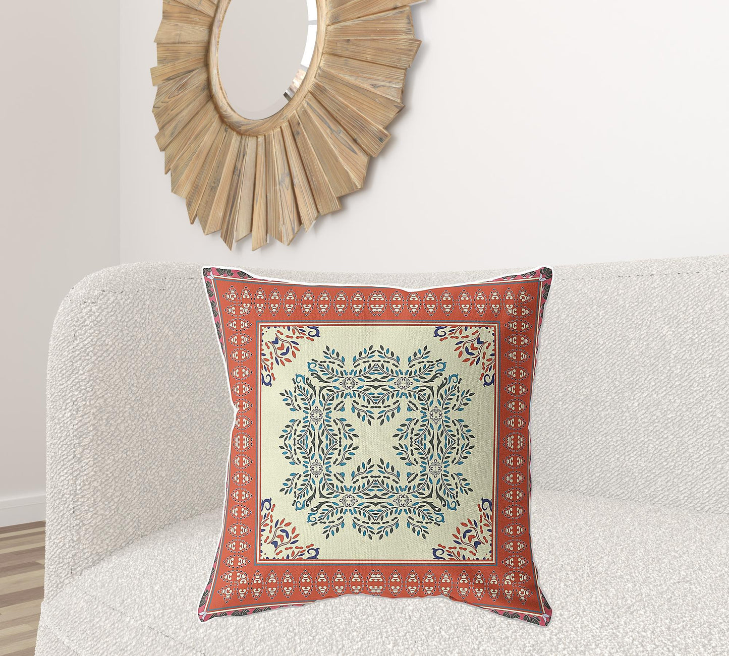 18" X 18" Cream And Orange Blown Seam Floral Indoor Outdoor Throw Pillow