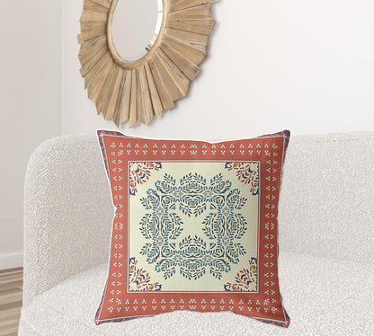 18" X 18" Cream And Orange Blown Seam Floral Indoor Outdoor Throw Pillow