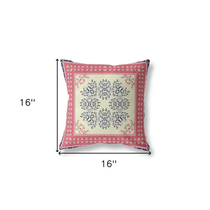 16" X 16" Cream And Pink Blown Seam Floral Indoor Outdoor Throw Pillow