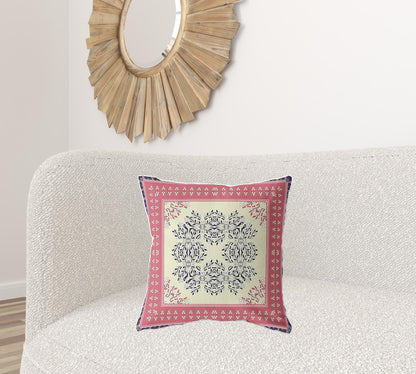 18" X 18" Cream And Pink Blown Seam Floral Indoor Outdoor Throw Pillow