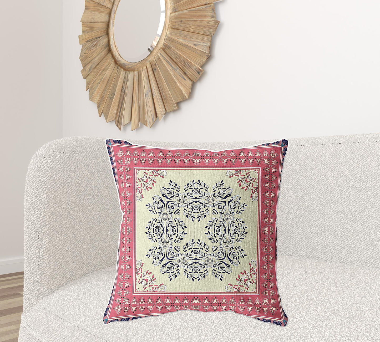 18" X 18" Cream And Pink Blown Seam Floral Indoor Outdoor Throw Pillow