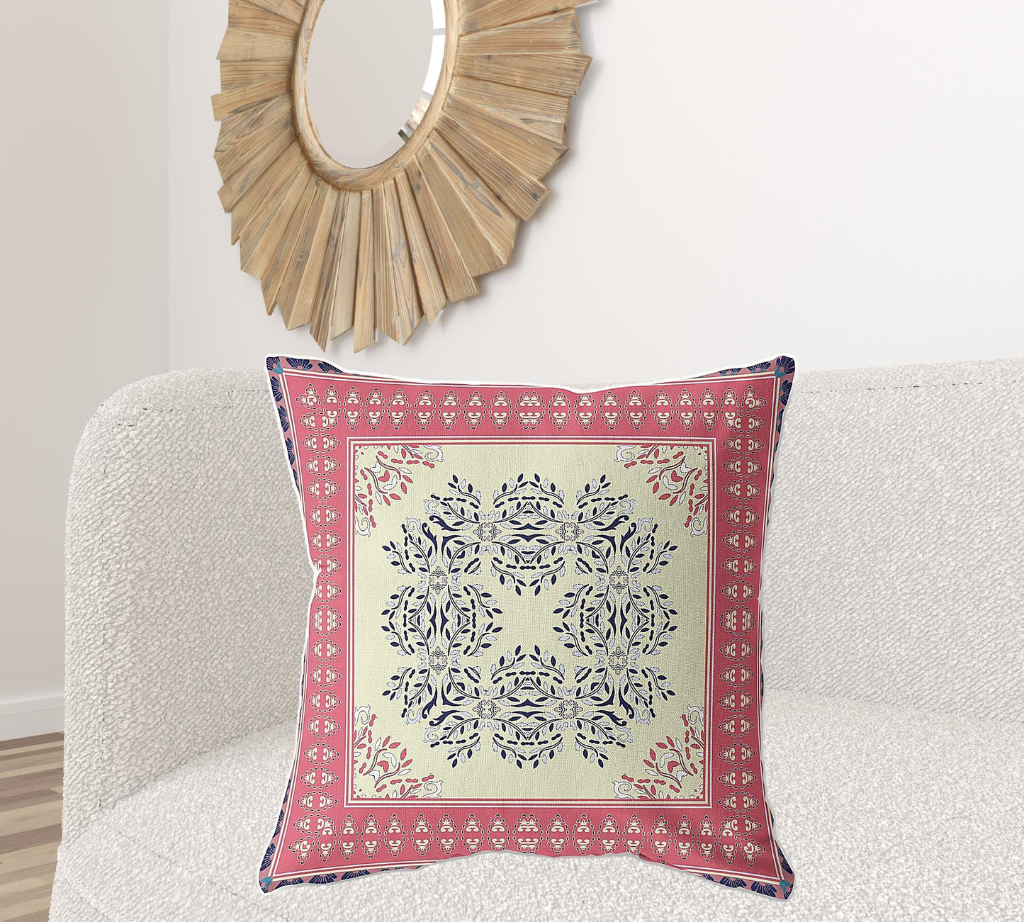 18" X 18" Cream And Pink Blown Seam Floral Indoor Outdoor Throw Pillow