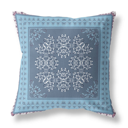 16" X 16" Blue Blown Seam Floral Indoor Outdoor Throw Pillow