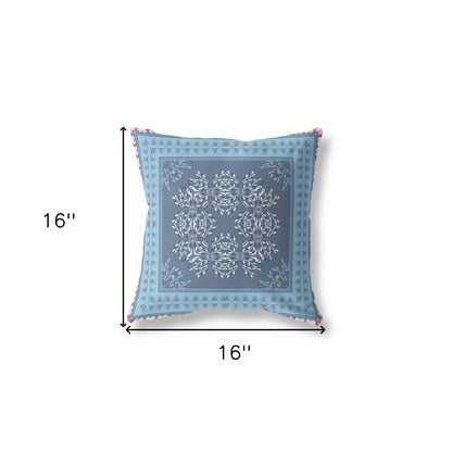 16" X 16" Blue Blown Seam Floral Indoor Outdoor Throw Pillow