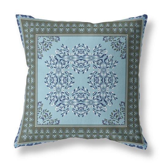 16" X 16" Blue And Green Blown Seam Floral Indoor Outdoor Throw Pillow