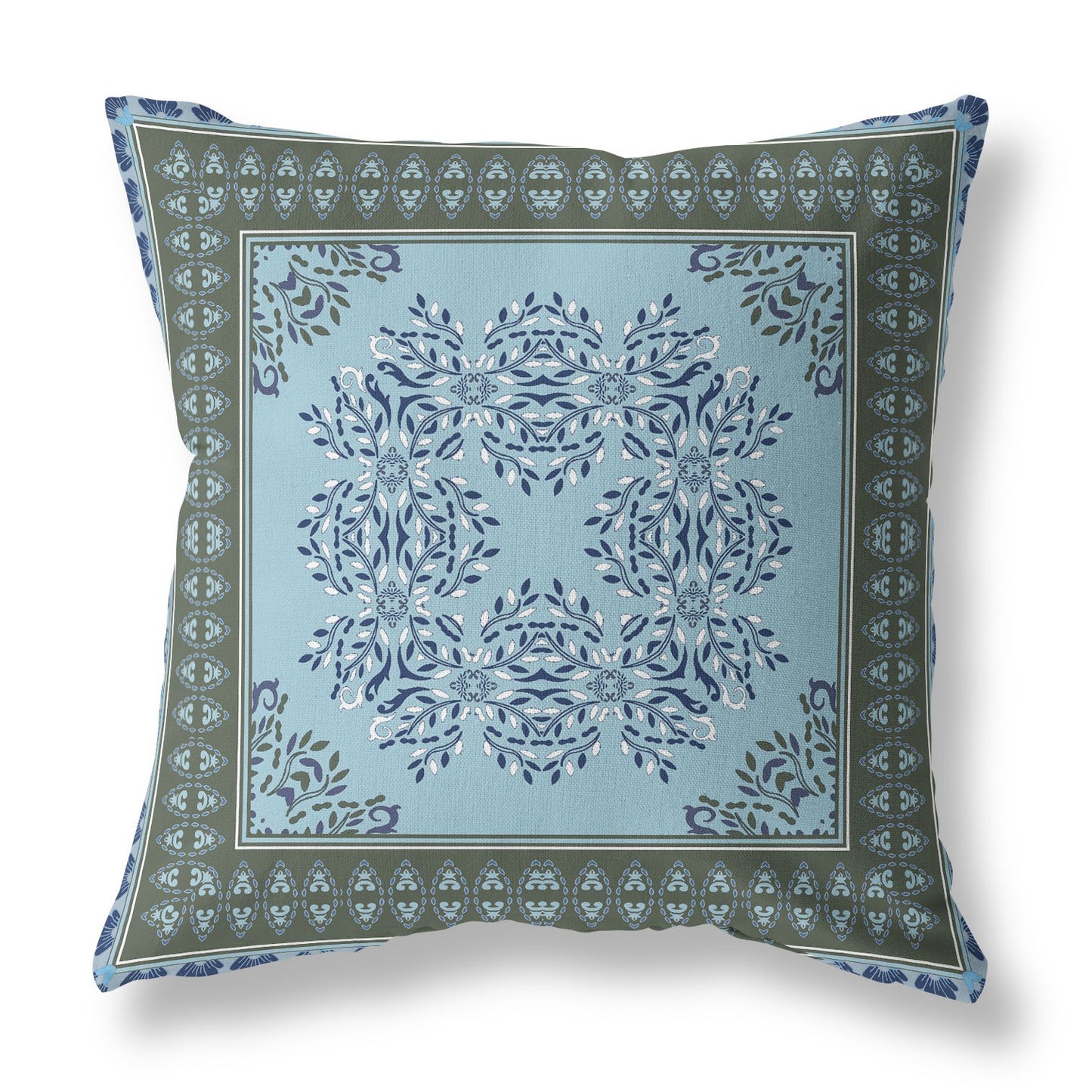 18" X 18" Blue And Green Blown Seam Floral Indoor Outdoor Throw Pillow