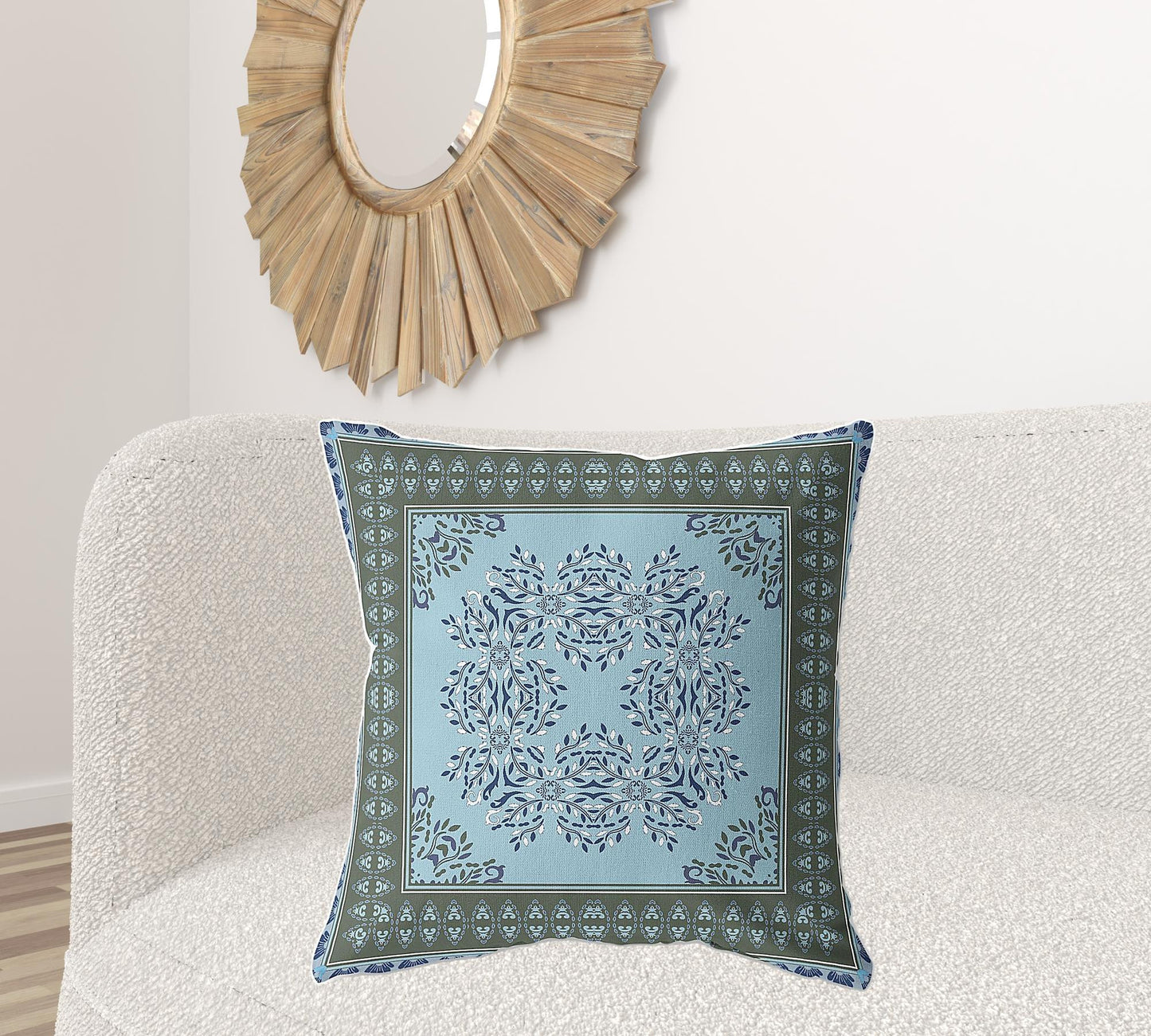 18" X 18" Blue And Green Blown Seam Floral Indoor Outdoor Throw Pillow