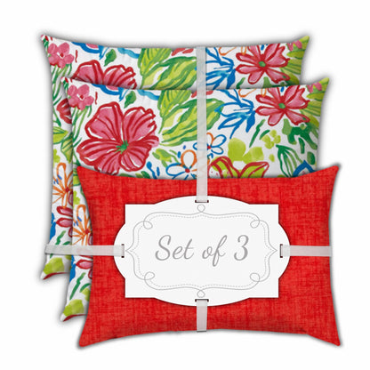 Set Of Three 18" X 18" Red And White Blown Seam Floral Throw Indoor Outdoor Pillow