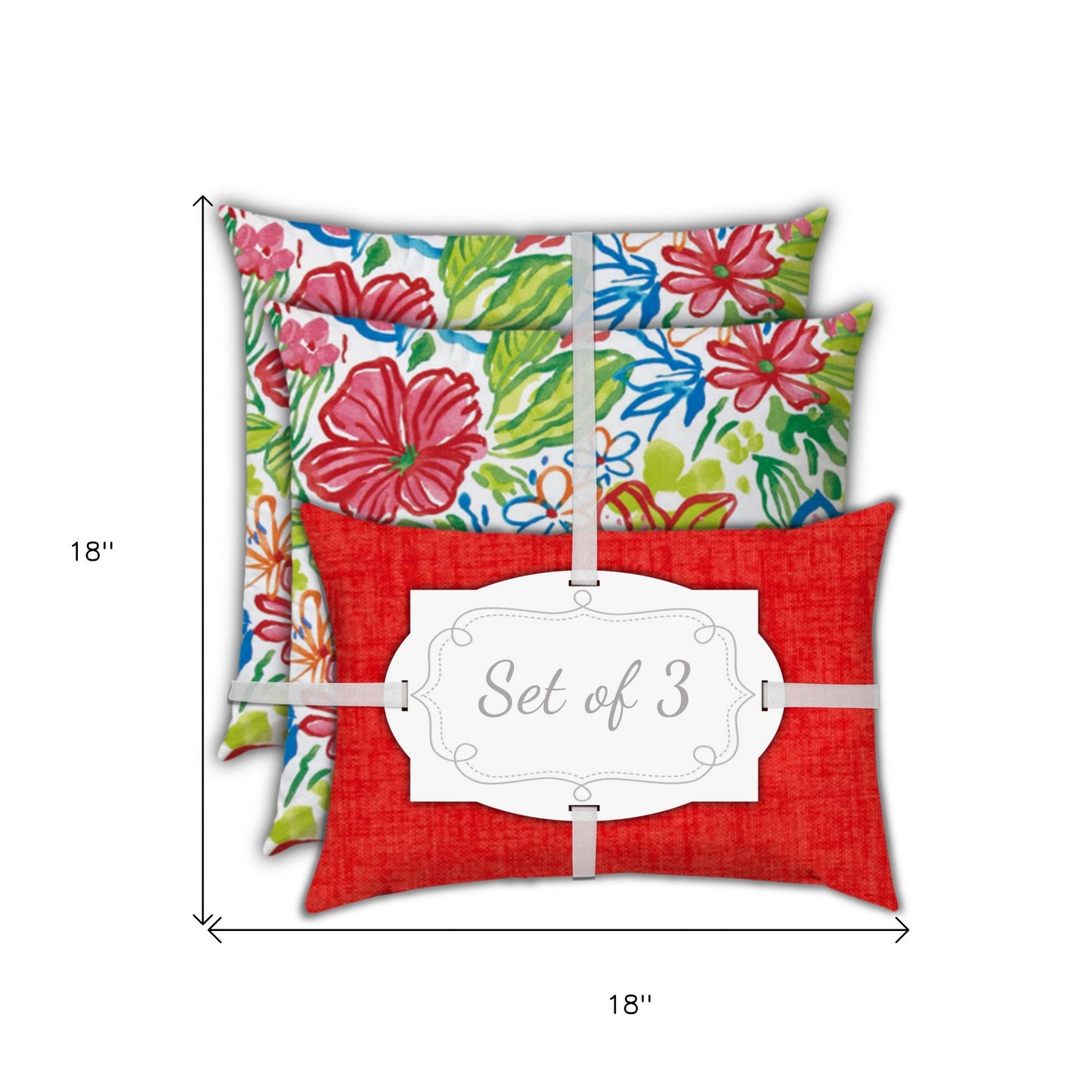 Set Of Three 18" X 18" Red And White Blown Seam Floral Throw Indoor Outdoor Pillow