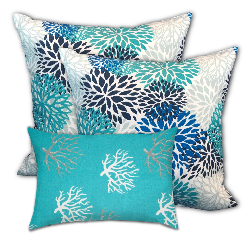 Set Of Three 18" X 18" Blue And White Blown Seam Coastal Throw Indoor Outdoor Pillow