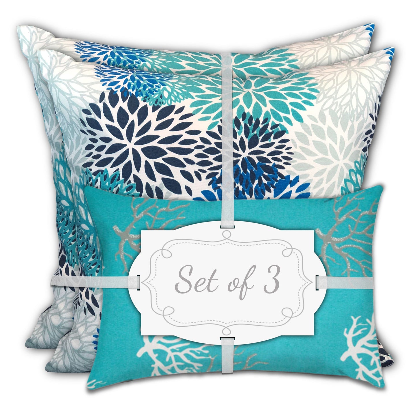 Set Of Three 18" X 18" Blue And White Blown Seam Coastal Throw Indoor Outdoor Pillow