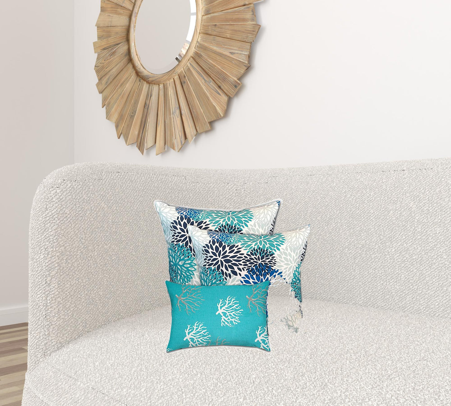 Set Of Three 18" X 18" Blue And White Blown Seam Coastal Throw Indoor Outdoor Pillow