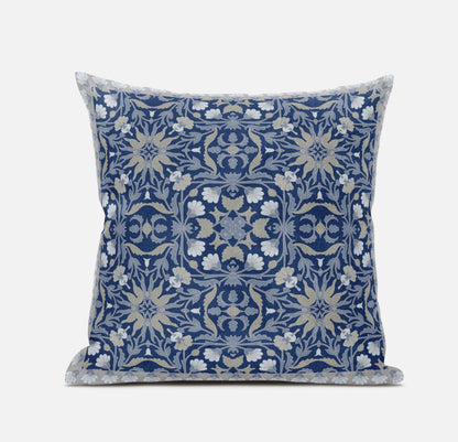 16" X 16" Dark Blue And Gray Blown Seam Paisley Indoor Outdoor Throw Pillow