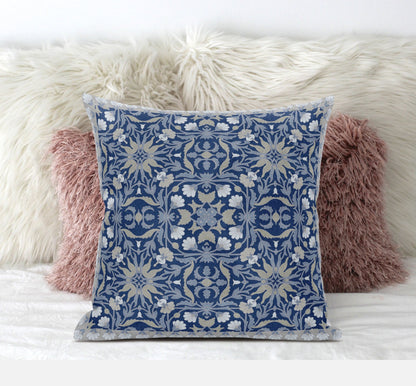 16" X 16" Dark Blue And Gray Blown Seam Paisley Indoor Outdoor Throw Pillow