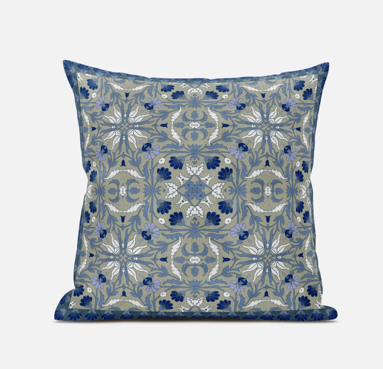 16" X 16" Indigo And White Blown Seam Paisley Indoor Outdoor Throw Pillow