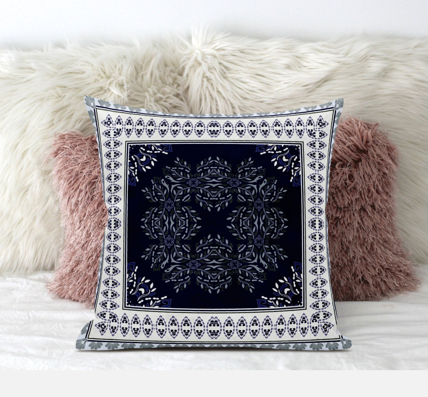 16" X 16" Dark Blue And White Blown Seam Geometric Indoor Outdoor Throw Pillow