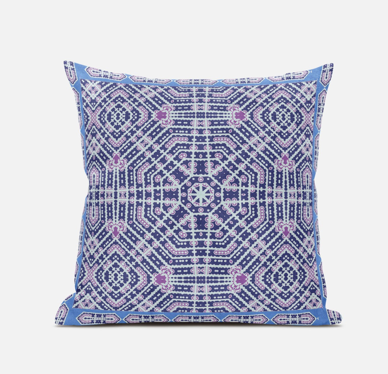 16" X 16" Indigo And Pink Blown Seam Geometric Indoor Outdoor Throw Pillow