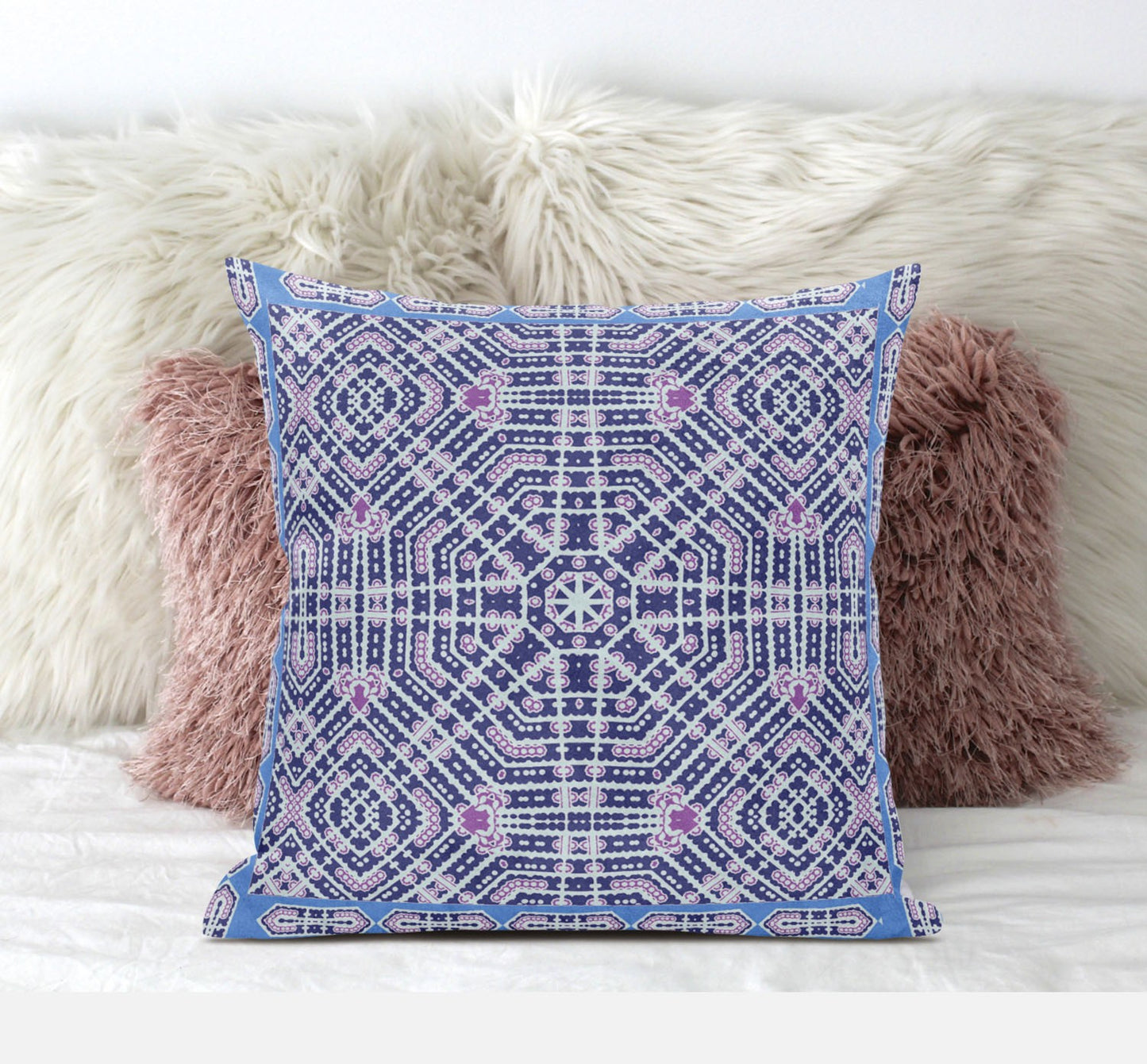 16" X 16" Indigo And Pink Blown Seam Geometric Indoor Outdoor Throw Pillow