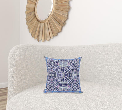 16" X 16" Indigo And Pink Blown Seam Geometric Indoor Outdoor Throw Pillow