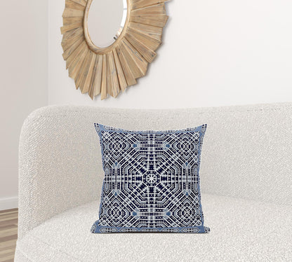 18" X 18" Indigo And Green Blown Seam Geometric Indoor Outdoor Throw Pillow