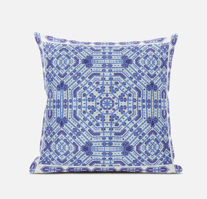 16" X 16" Indigo And White Blown Seam Geometric Indoor Outdoor Throw Pillow