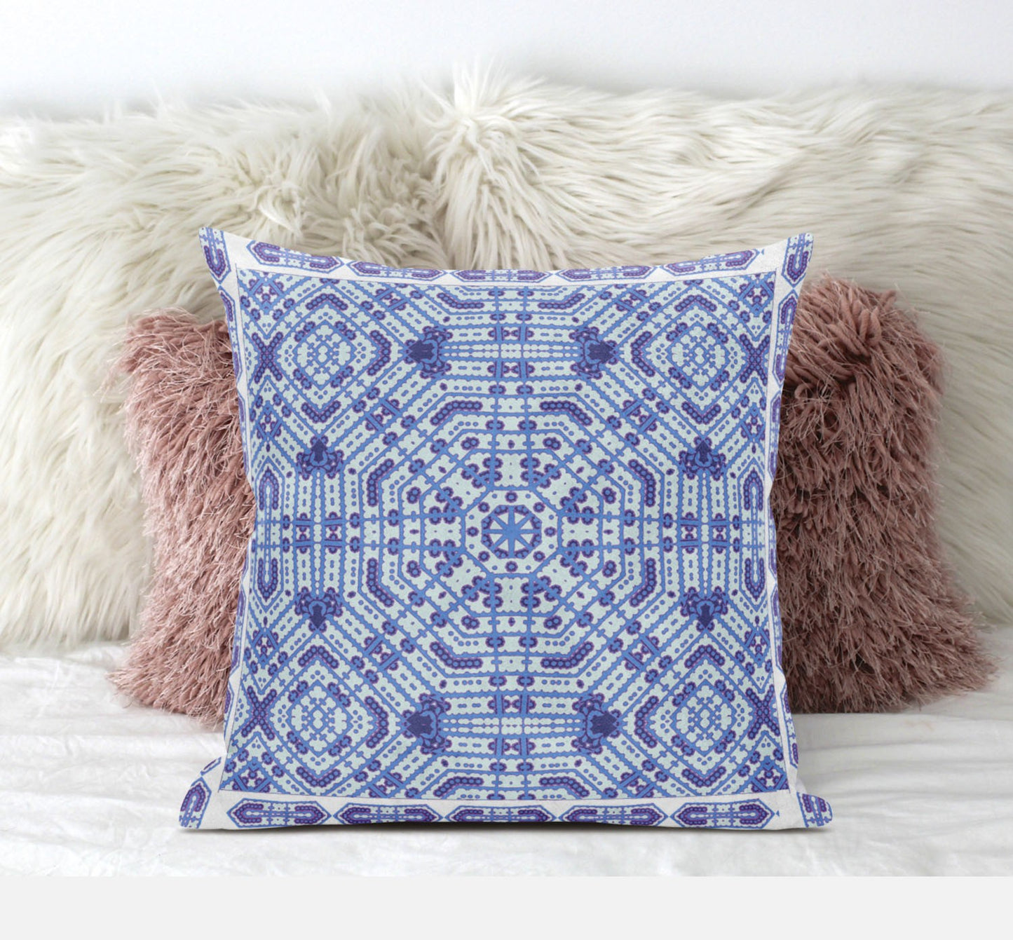 16" X 16" Indigo And White Blown Seam Geometric Indoor Outdoor Throw Pillow