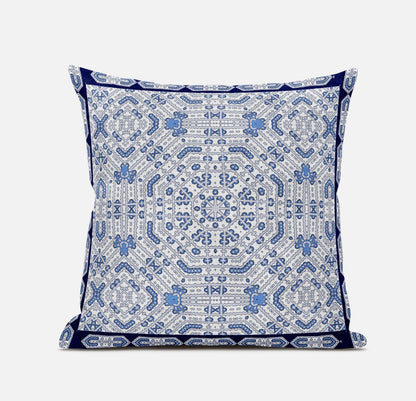 16" X 16" Light Blue And Navy Blue Blown Seam Geometric Indoor Outdoor Throw Pillow