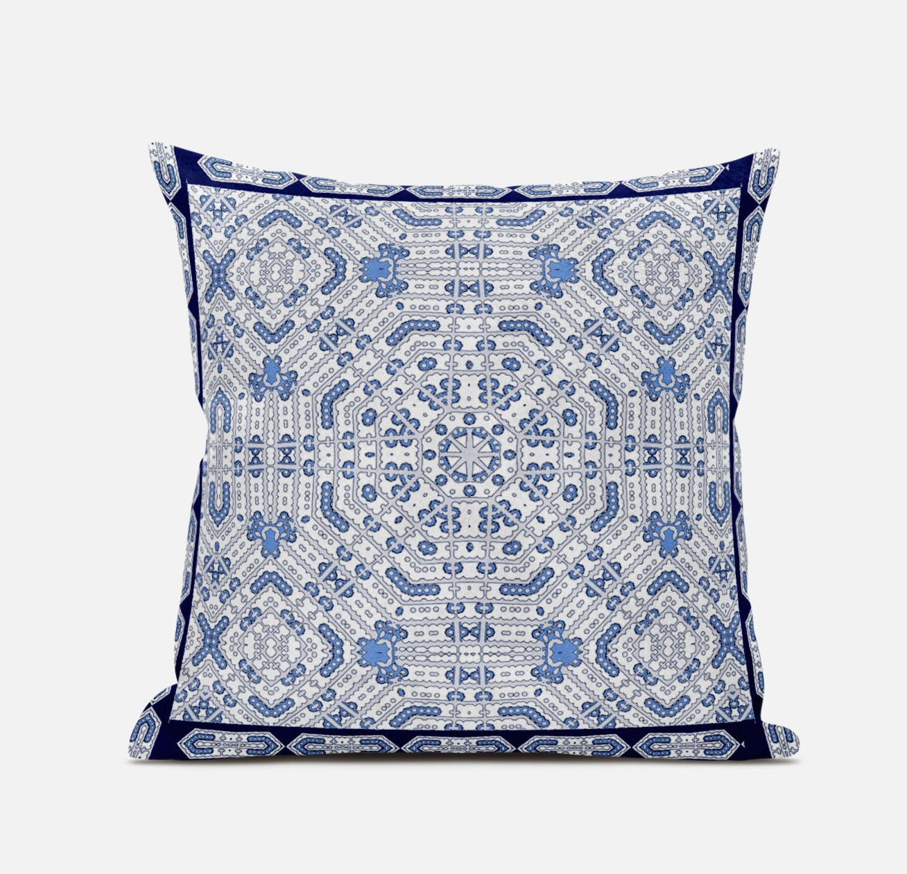 18" X 18" Light Blue And Navy Blue Blown Seam Geometric Indoor Outdoor Throw Pillow