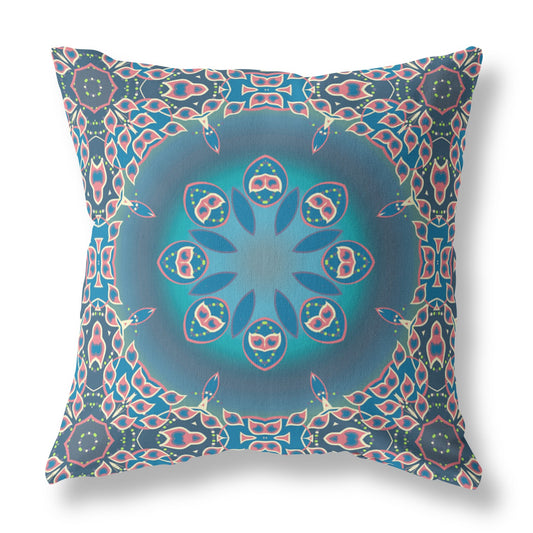 16" X 16" Blue And Pink Zippered Geometric Indoor Outdoor Throw Pillow