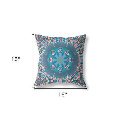 16" X 16" Blue And Pink Zippered Geometric Indoor Outdoor Throw Pillow