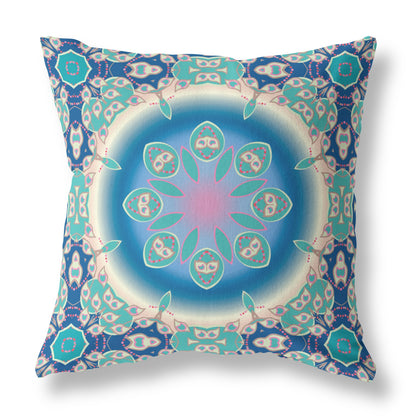 18" X 18" Blue And Turquoise Zippered Geometric Indoor Outdoor Throw Pillow