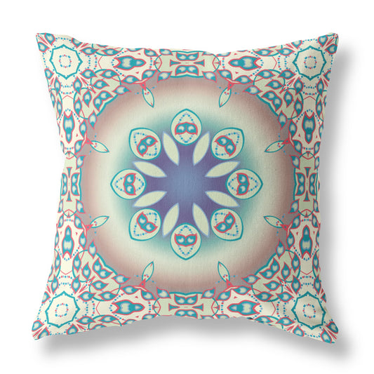 16" X 16" Beige And Blue Zippered Geometric Indoor Outdoor Throw Pillow