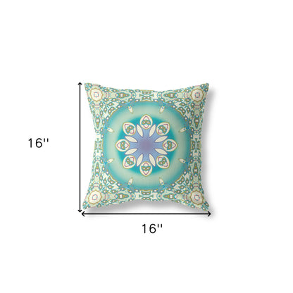 16" X 16" Beige And Green Zippered Geometric Indoor Outdoor Throw Pillow