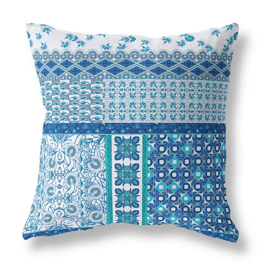 16" X 16" Blue And White Zippered Patchwork Indoor Outdoor Throw Pillow Cover & Insert