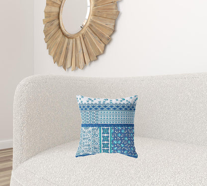 16" X 16" Blue And White Zippered Patchwork Indoor Outdoor Throw Pillow Cover & Insert