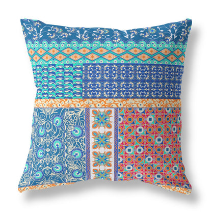 16" X 16" Blue And Orange Zippered Patchwork Indoor Outdoor Throw Pillow Cover & Insert