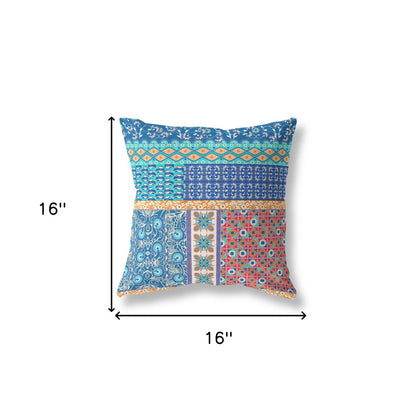 16" X 16" Blue And Orange Zippered Patchwork Indoor Outdoor Throw Pillow Cover & Insert