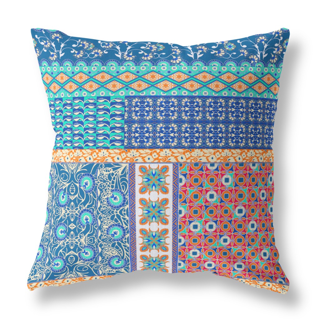 18" X 18" Blue And Orange Zippered Patchwork Indoor Outdoor Throw Pillow Cover & Insert